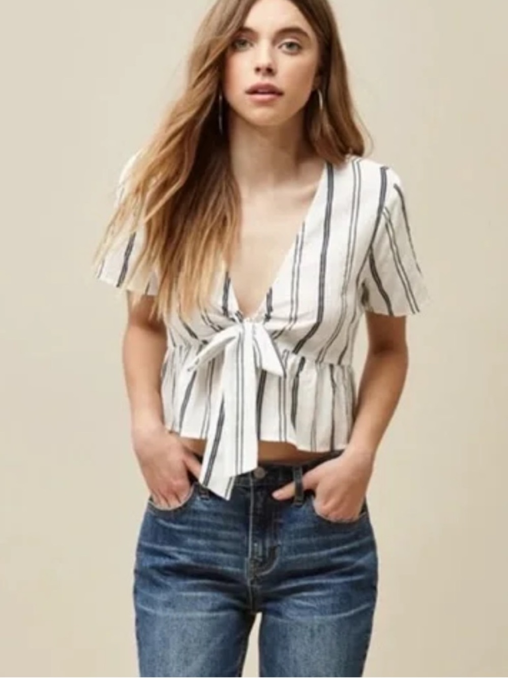 La Hearts White Tie-Front Striped Peplum Crop Top